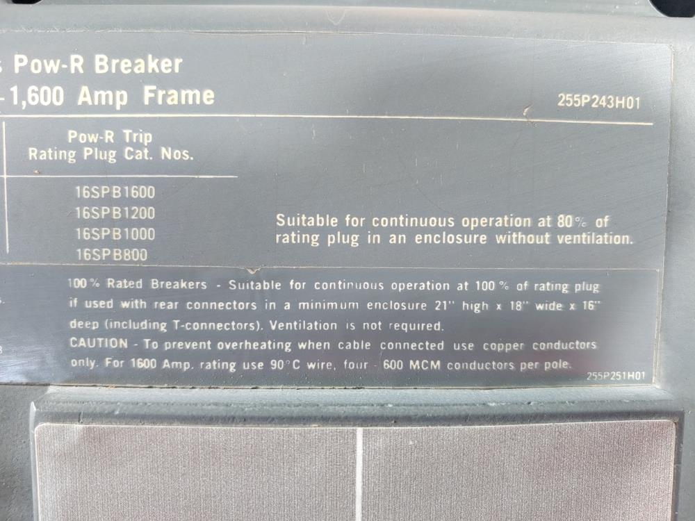 Westinghouse SPB 65 System Pow-R Circuit Breaker, 3-Pole, 1,600 Amp