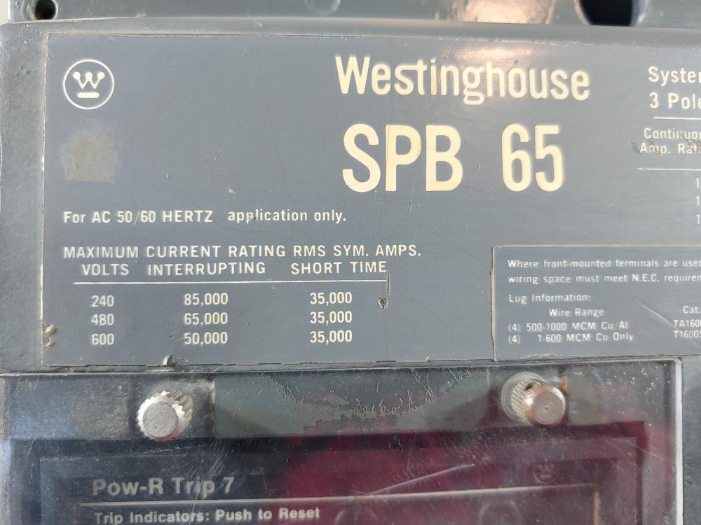 Westinghouse SPB 65 System Pow-R Circuit Breaker, 3-Pole, 1,600 Amp