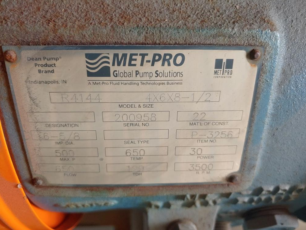 MET-PRO Dean R4144 Centrifugal Pump , 4" x 6" x 8-1/2", WCB 22 w/ 30HP Motor