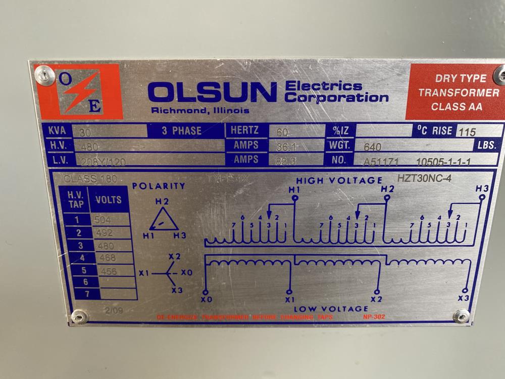 Olsun Dry Type Transformer 30 KVA, 480 HV, 208Y/120 LV, 3-PH, A51171 10505-1-1-1