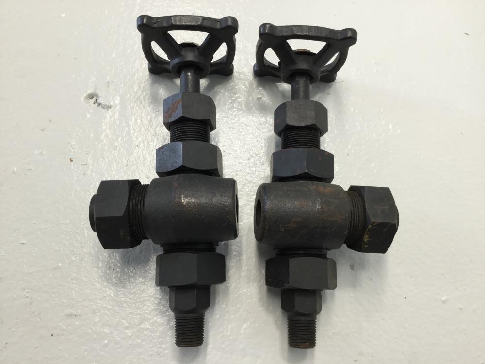 Pair of Jerguson 1/2” NPT x 3/4” OD A105 Tubular Glass Gagecock Valves #56