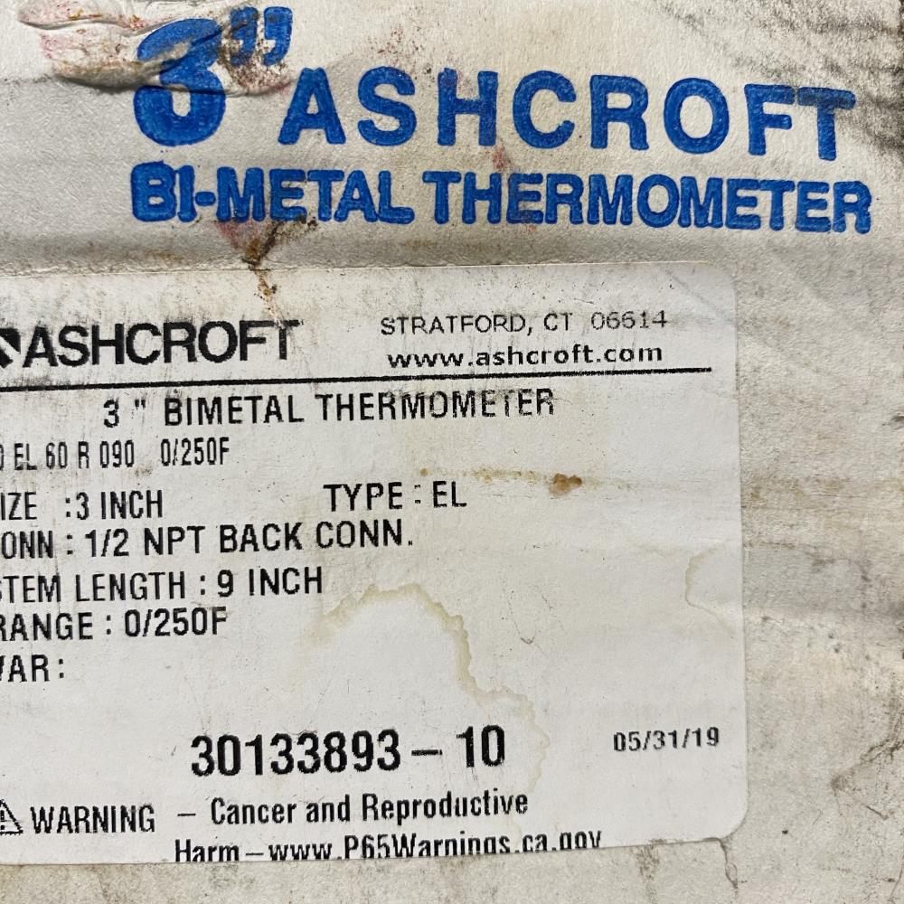 LOT of (5) Ashcroft 3” EL Bimetal Thermometers, 0 to 250F, #30EL60R0900/250F