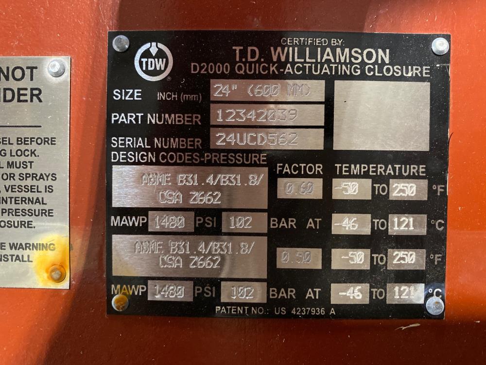 T.D. WILLIAMSON 24" D2000 Quick-Actuating Closure #12342039