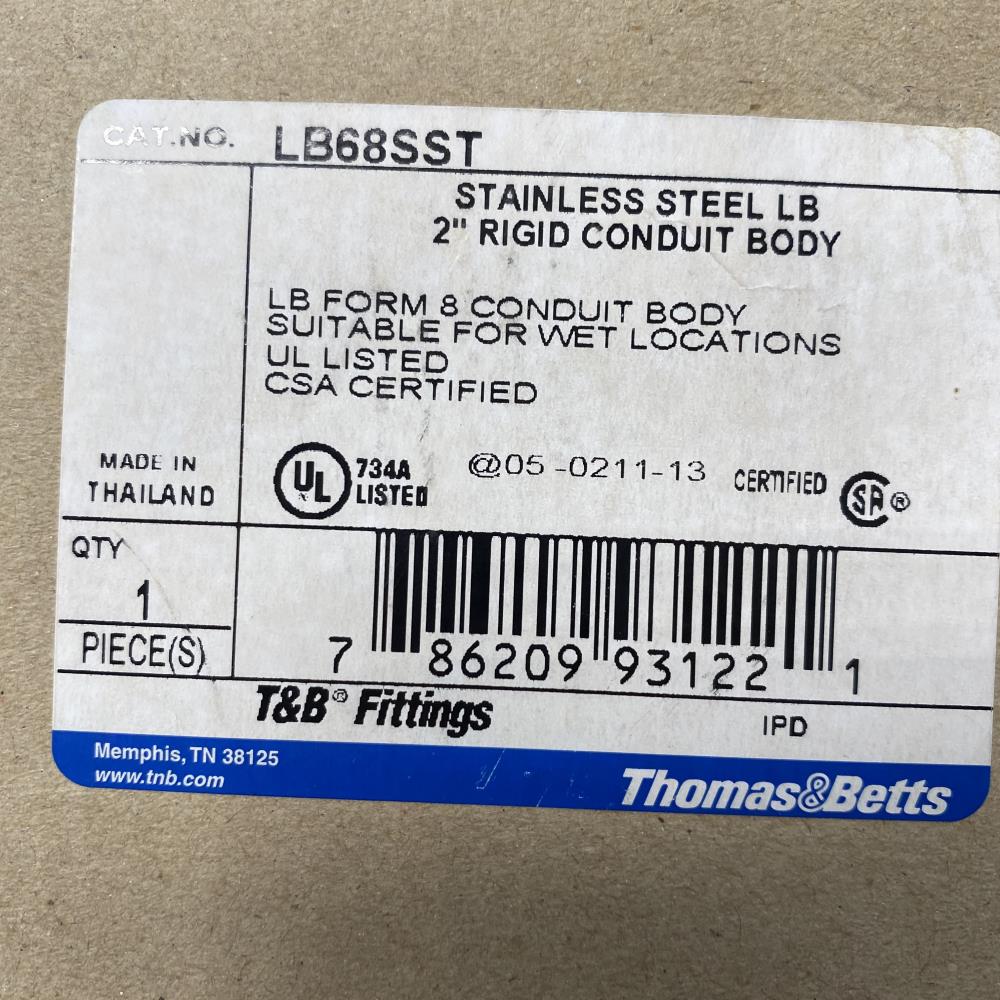 Thomas & Betts 2” Stainless Steel Form 8 (LB) Rigid Conduit Body LB68SST