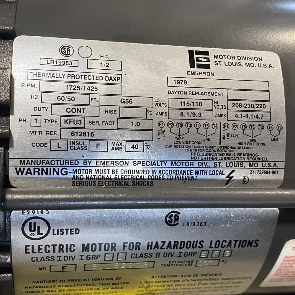 Emerson 1/2 HP Thermally Protected DAXP Motor for Haz. Loc. #1979