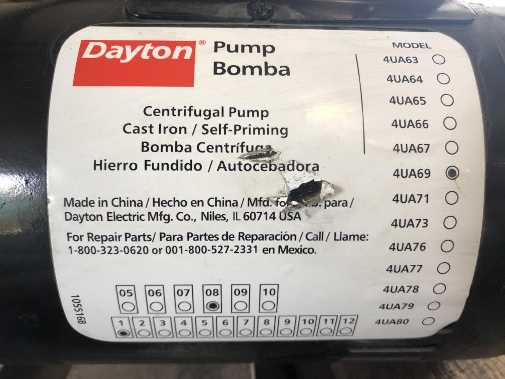 Dayton 1-1/2" NPT CI Self-Priming Centrifugal Pump 4UA69 with .75 HP Motor