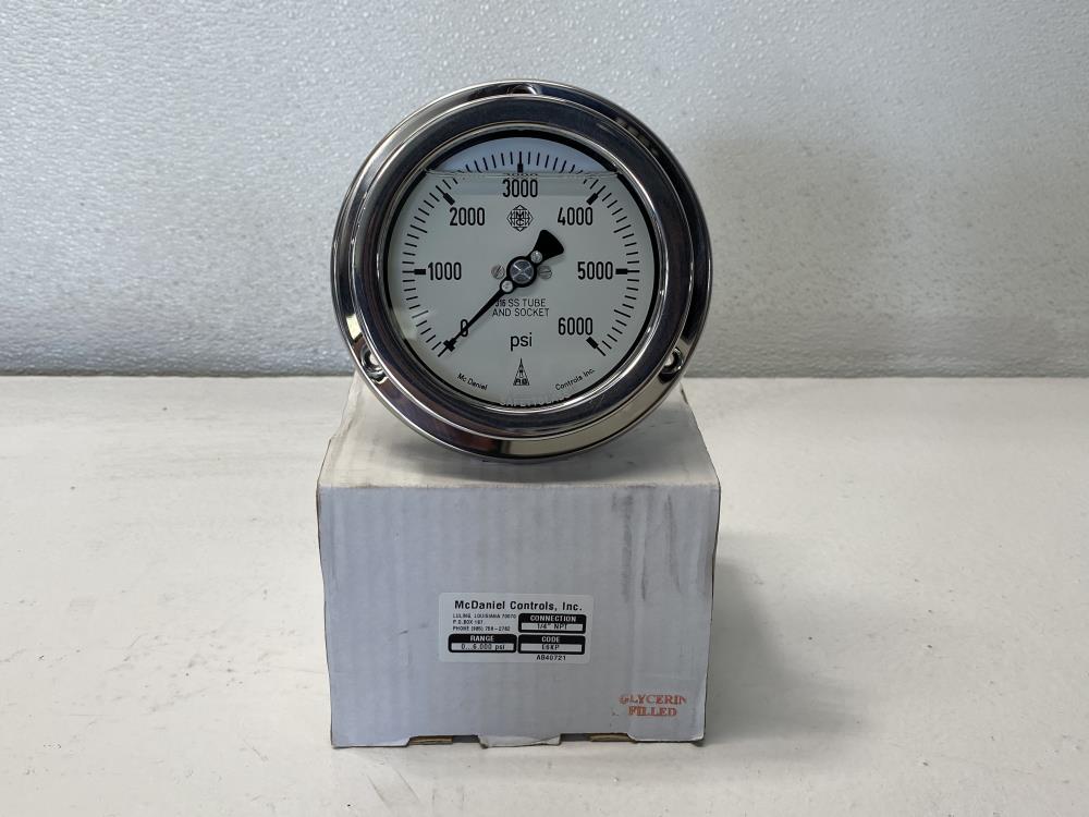 McDaniel 4” Face 0 - 6,000 PSI Pressure Gauge, 1/4" NPT, Liquid Filled E6KP