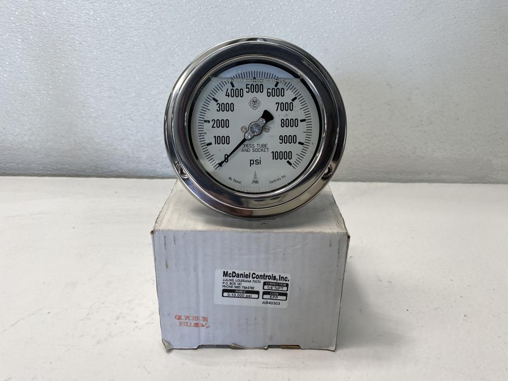 McDaniel 4” Face, 0 - 10,000 PSI Filled Hydraulic Pressure Gauge 1/4"NPT, EPP