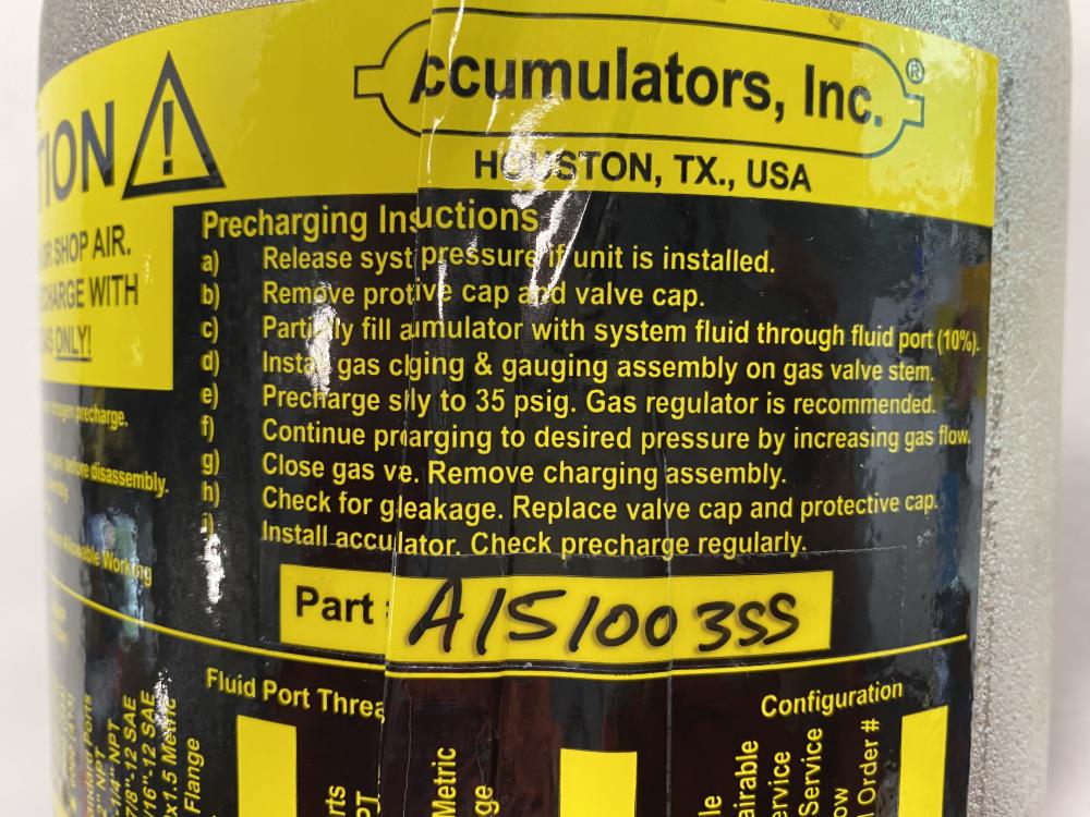 Accumulators 1-Gallon, 5000 PSI, 316 Stainless, BUNA-N, Accumulator A151003SS