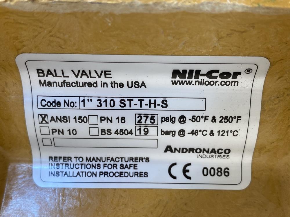 Nil-Cor 1” 310 ANSI 150# Fiberglass Ball Valve, Code # 1” 310 ST-T-H-S