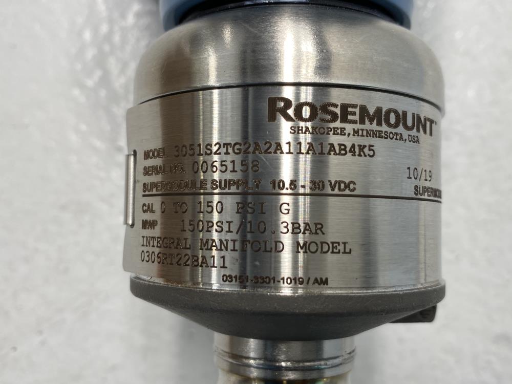 Rosemount 0 - 150 PSIG Pressure Transmitter 3051S2TG2A2A11A1AB4K5 w/ Manifold