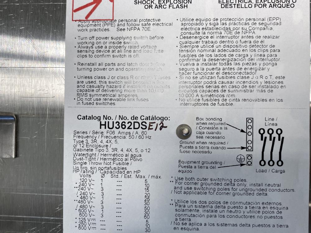 Square D Heavy Duty Safety Switch, SS, 60A, 3P, SW, Unfused, HU362DSEI2