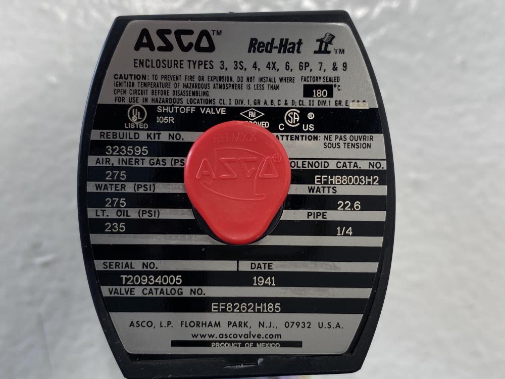 ASCO Red-Hat 1/4" NPT 2-Way SS Solenoid Valve EF8262H185, EFHB8003H2