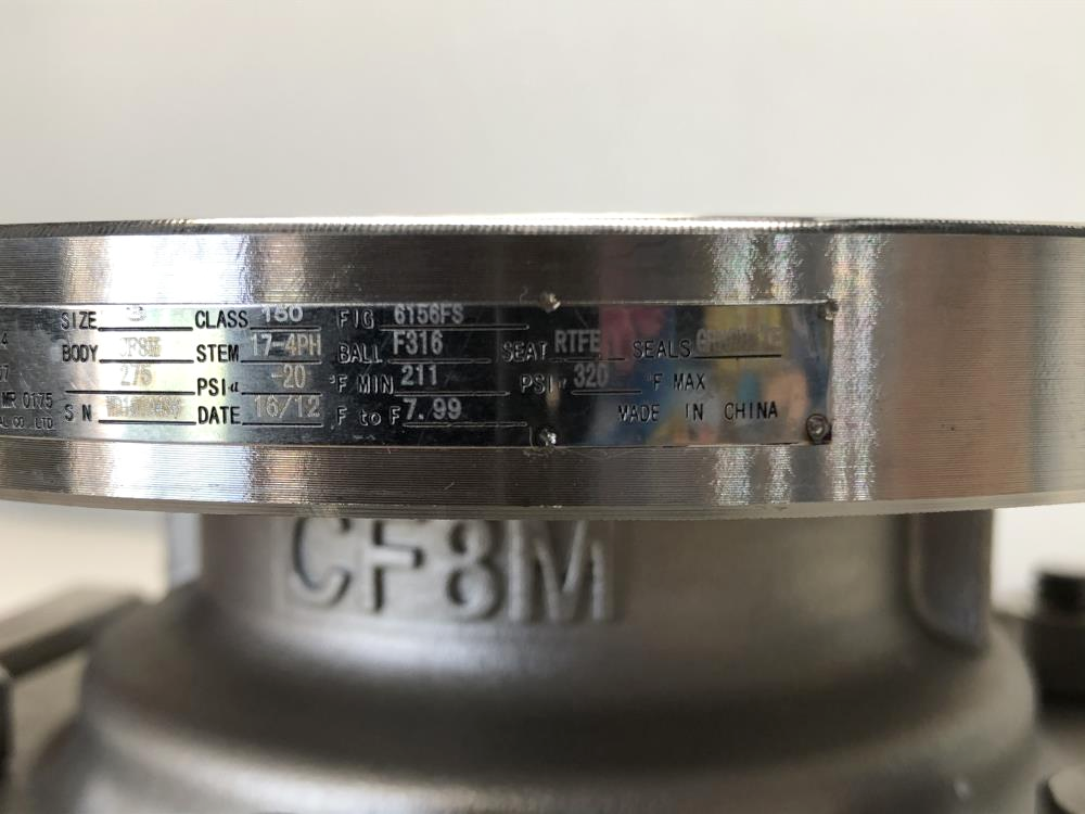 Warren 3" 150# 316 Stainless Steel Raised Face Full Port Ball Valve, Fig# 6156FS