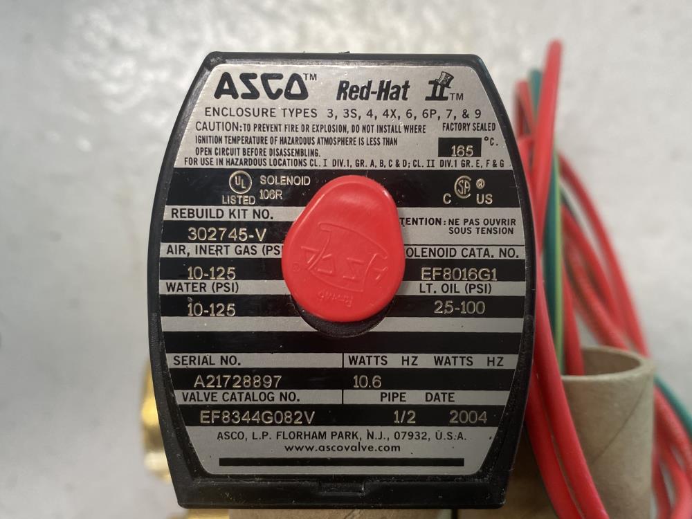 Asco RedHat 1/2" NPT Brass Solenoid Valve 24VDC, EF8344G082V, EF8016G1