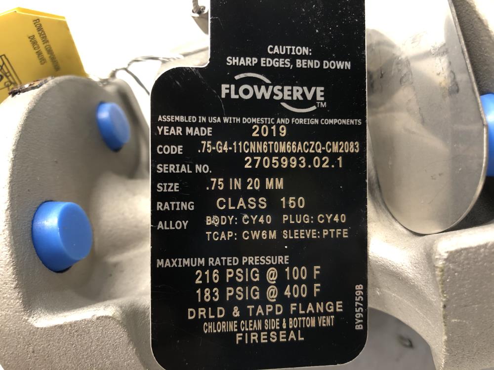 Durco Flowserve 3/4" 150# CY40 Plug Valve, .75-G4-11CNN6TM66AACZQ-CM2083