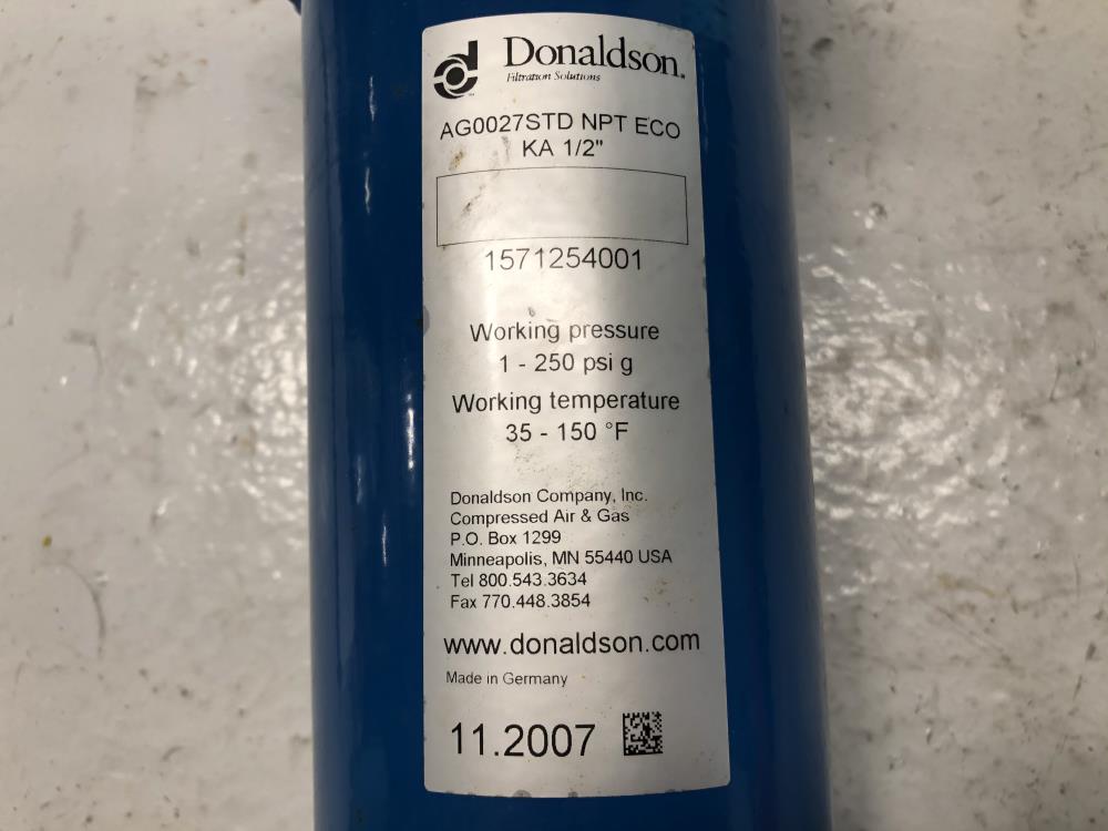 Donaldson Air & Gas Ultrafilter, AG0027STD, 1/2" NPT