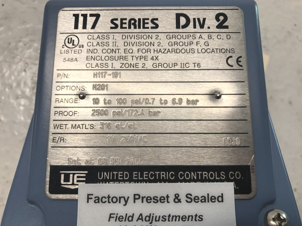 United 117 Series Electric Pressure Switch, #H117-191