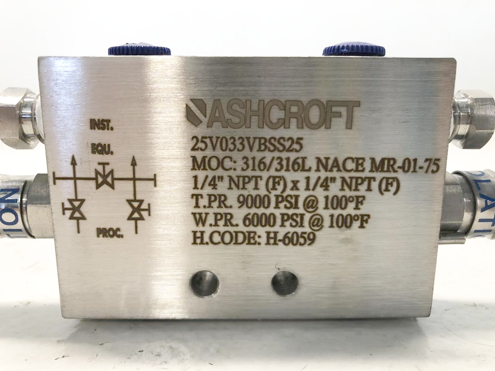 Ashcroft 1/4" NPT Stainless Steel 3-Way Manifold Valve 25V033VBSS25