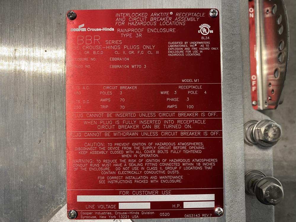 Cooper Arktite Receptacle 70A and 100A 3-Pole Circuit Breaker EBBRA104 WT70 3