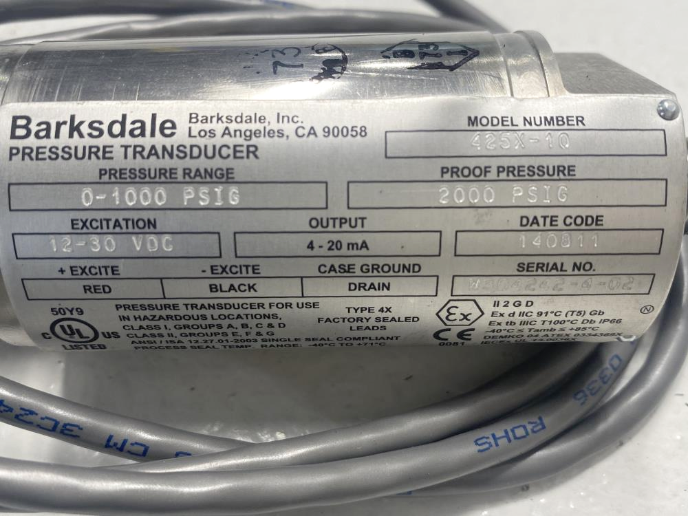 Barksdale 0 to 1000 PSIG Stainless Steel Pressure Transducer 425X-10