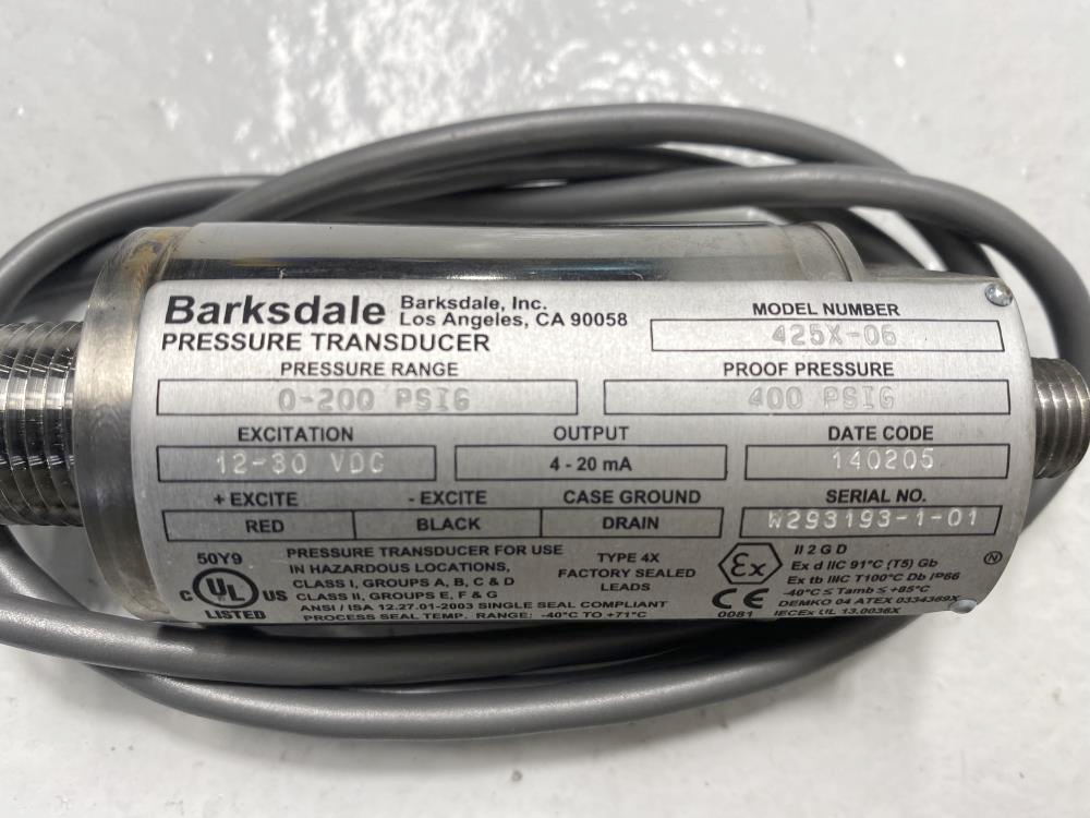Barksdale 0200 PSIG Stainless Steel Pressure Transducer 425X06
