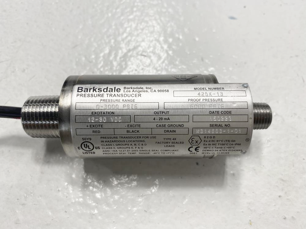 Barksdale 0-3000 PSIG Stainless Steel Pressure Transducer 425X-13