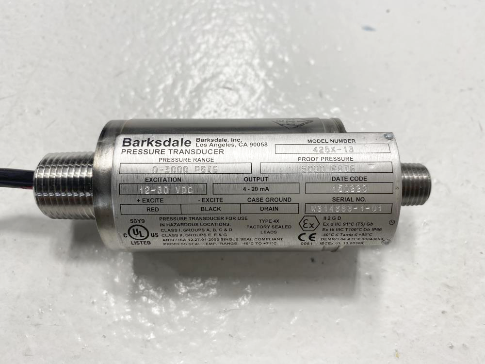 Barksdale 03000 PSIG Stainless Steel Pressure Transducer 425X13