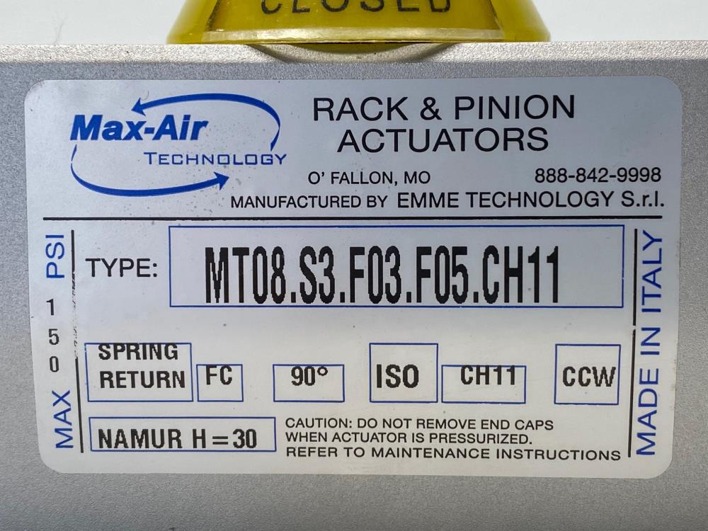 Max-Air Rack & Pinion Spring Return Actuator, Fail Close, MT.08.S3.F03.F05.CH11