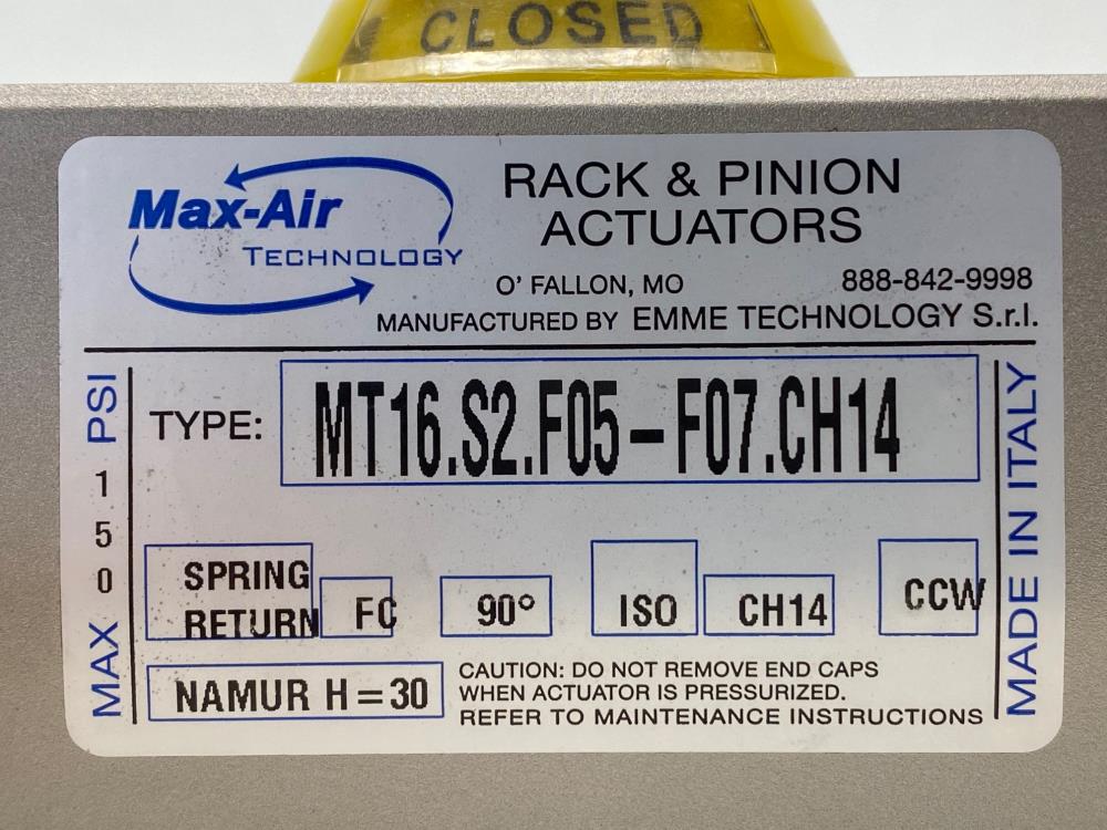 Max-Air Rack & Pinion Spring Return Actuator, Fail Close, MT16.S2.F05-F07.CH14