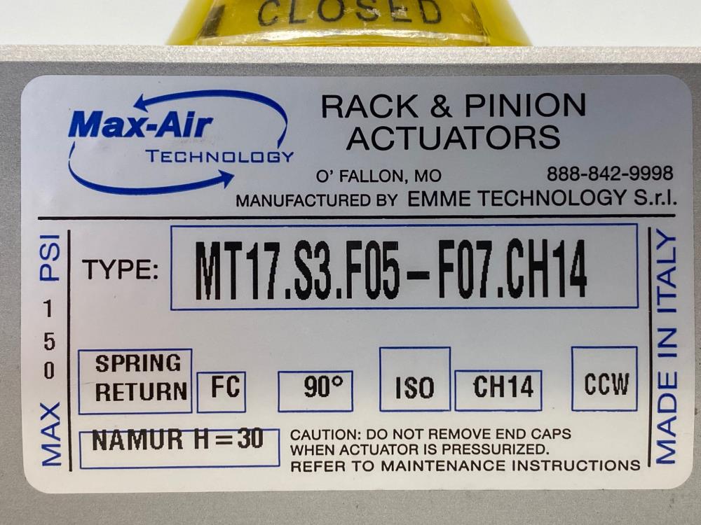 Max-Air Rack & Pinion Spring Return Actuator, Fail Close, MT17.S3.F05-F07.CH14