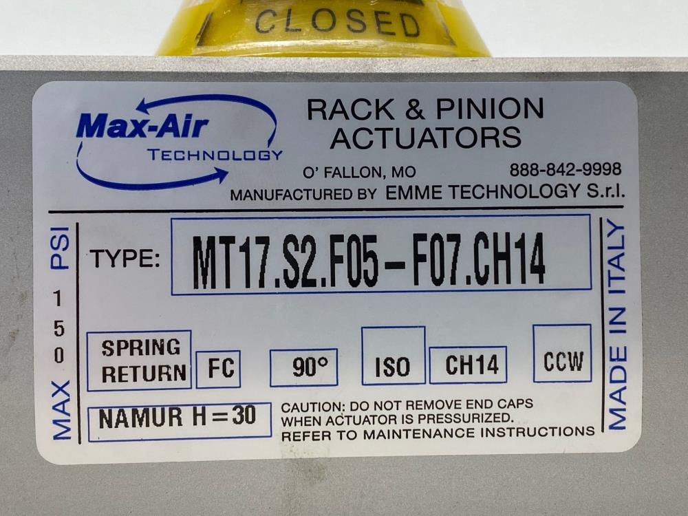 Max-Air Rack & Pinion Spring Return Actuator, Fail Close, MT17.S2.F05-F07.CH14