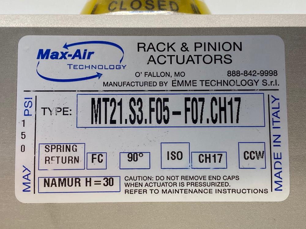 Max-Air Rack & Pinion Spring Return Actuator, Fail Close, MT21.S3.F05-F07.CH17