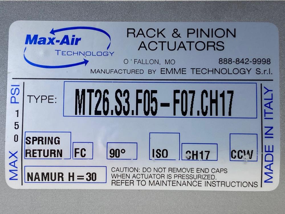 Max-Air Rack & Pinion Spring Return Actuator, Fail Close, MT26.S3.F05-F07.CH17