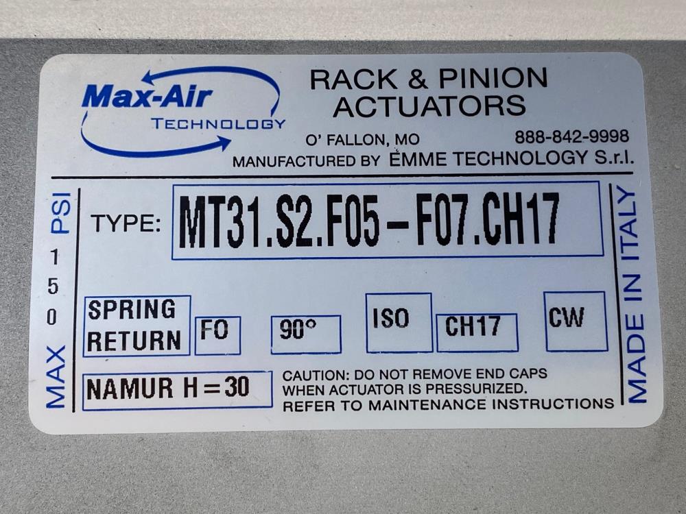 Max-Air Rack & Pinion Spring Return Actuator, Fail Close, MT31.S2.F05-F07.CH17
