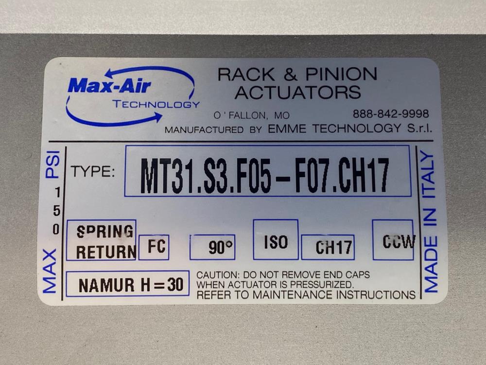 Max-Air Rack & Pinion Spring Return Actuator, Fail Close, MT31.S3.F05-F07.CH17