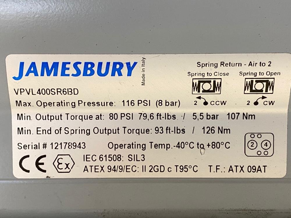 Jamesbury Pneumatic Spring Return Actuator VPVL400SR6BD