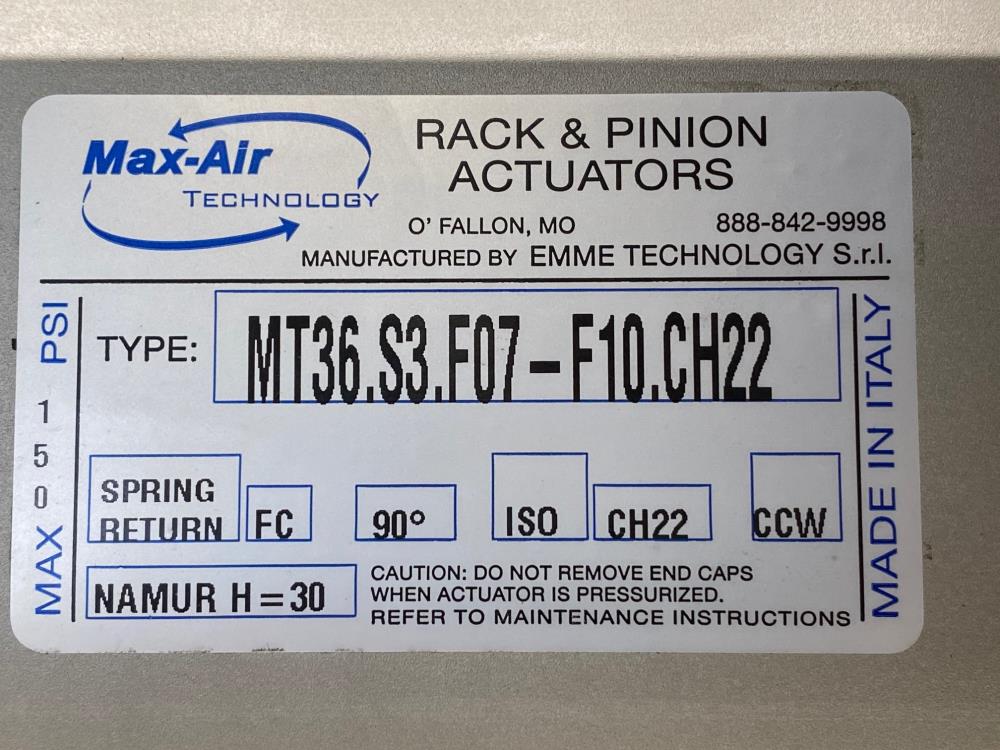 Max-Air Rack & Pinion Actuator, Spring Return, Fail Close, MT36.S3.F07-F10.CH22
