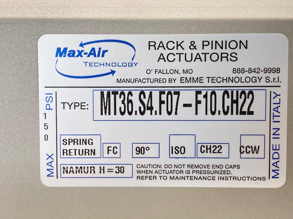 Max-Air Rack & Pinion Actuator, Spring Return, Fail Close, MT36.S4.F07-F10.CH22