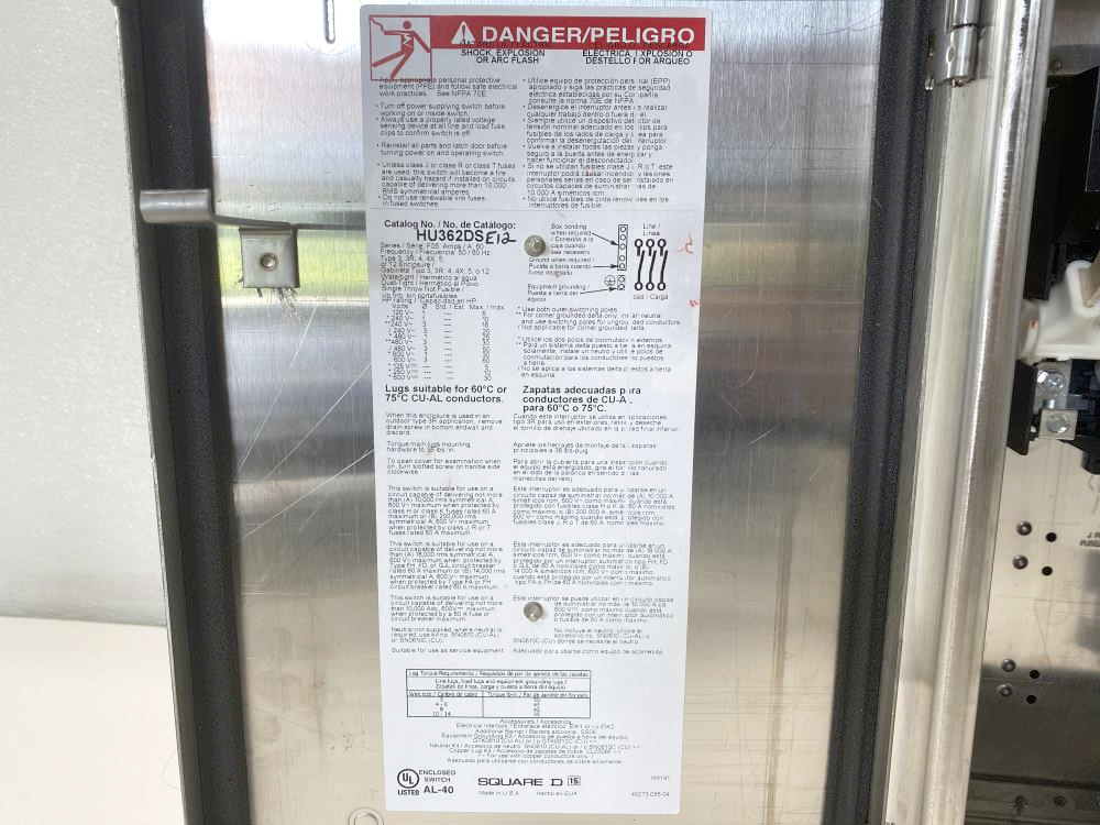 Square D 60A Heavy Duty Non-Fusible Single Throw Safety Switch HU362DSEI2, 60HP