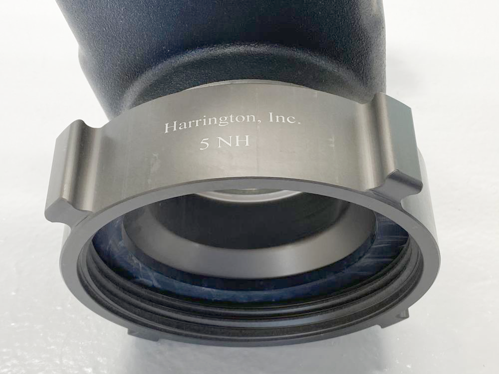 Harrington 4" Gate Valve 25 Deg Elbow, 5" NH Swivel x 5" Storz-Lok H811-50-50NH