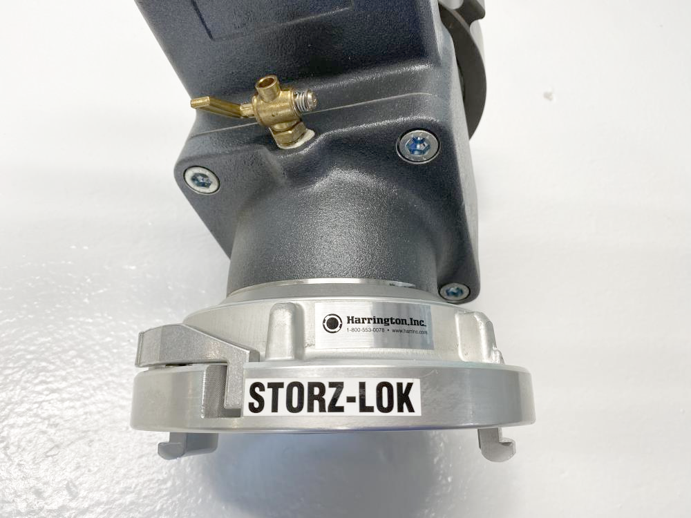 Harrington 4" Gate Valve 25 Deg Elbow, 5" NH Swivel x 5" Storz-Lok H811-50-50NH