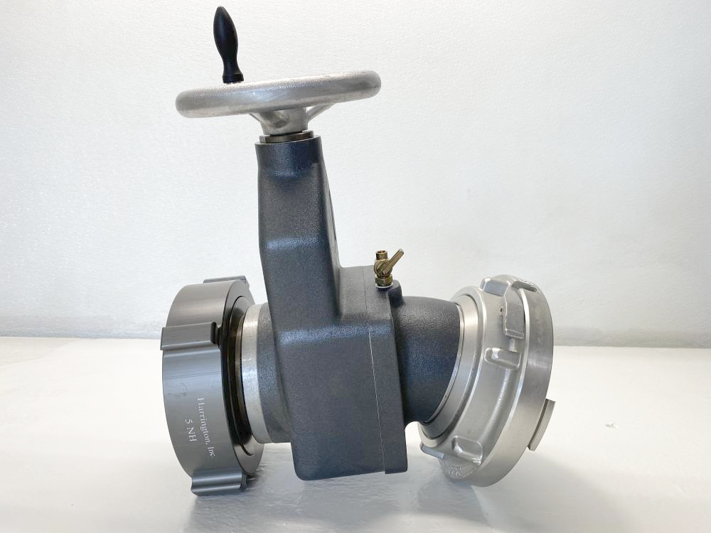 Harrington 4" Gate Valve 25 Deg Elbow, 5" NH Swivel x 5" Storz-Lok H811-50-50NH