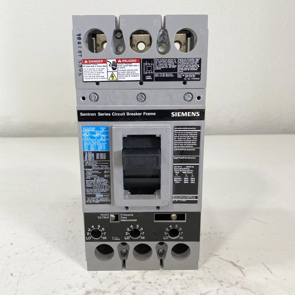 Siemens Sentron Series 250A, 3-Pole, 600V Circuit Breaker FD63F250