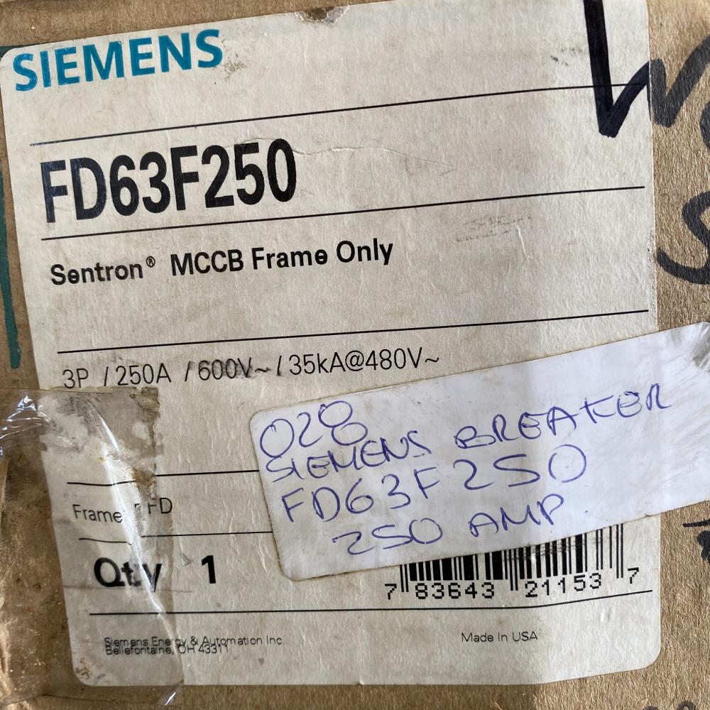 Siemens Sentron Series 250A, 3-Pole, 600V Circuit Breaker FD63F250