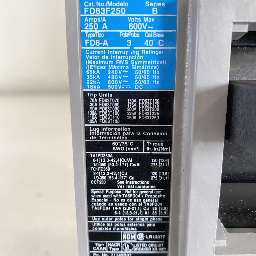Siemens Sentron Series 250A, 3-Pole, 600V Circuit Breaker FD63F250