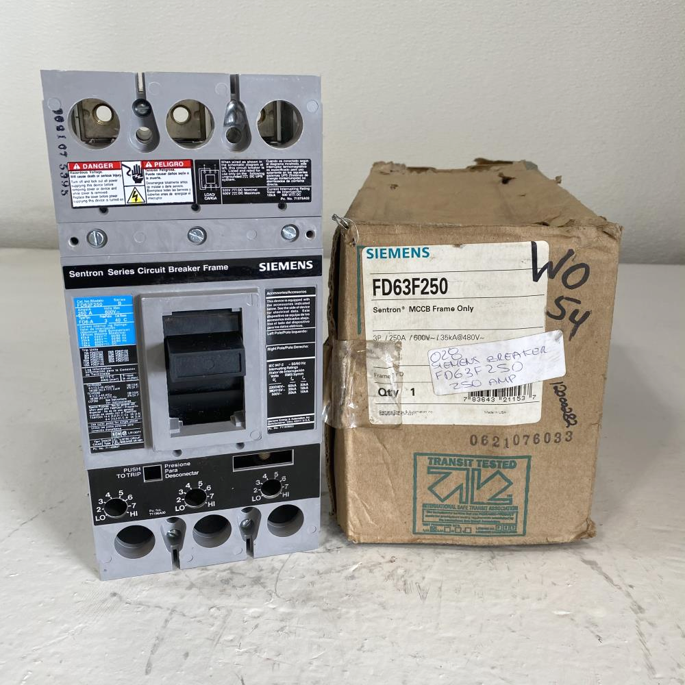 Siemens Sentron Series 250A, 3-Pole, 600V Circuit Breaker FD63F250