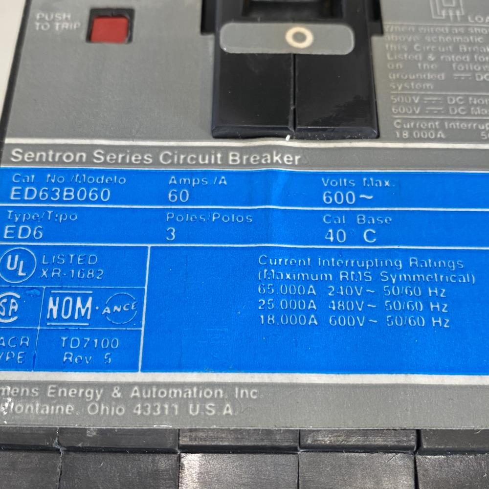 Siemens Sentron 60A, 3-Pole, 600V Circuit Breaker ED63B060