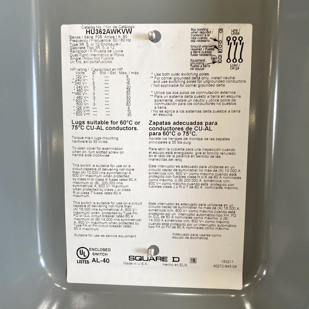 Square D Heavy Duty Safety Switch, Non-Fusible 60A 3-Pole, 600V HU362AWKVW