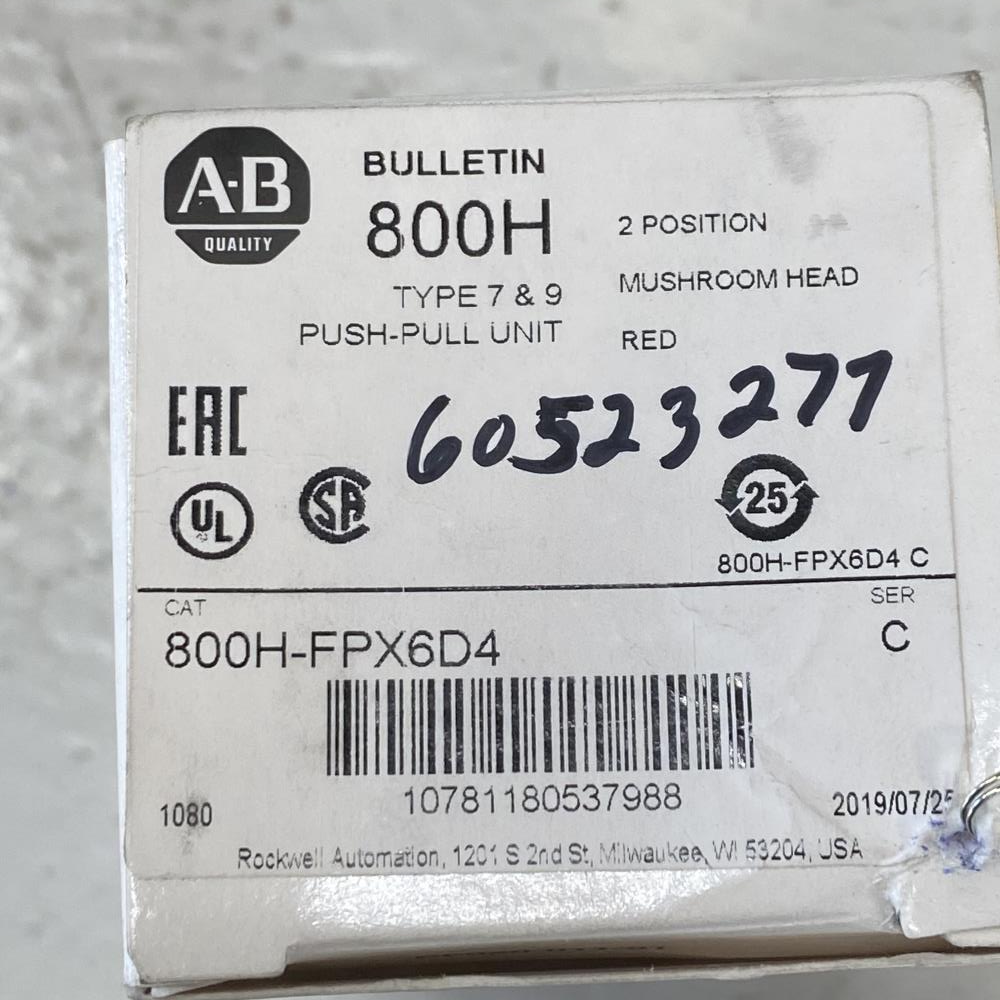 Allen Bradley Red 2-Position Mushroom Head Push-Pull Button 800H-FPX6D4